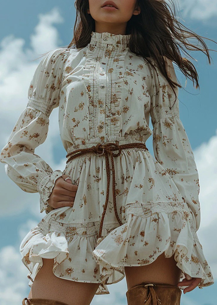 Women White Ruffled Print Patchwork Cotton Dress Long Sleeve - Image 3