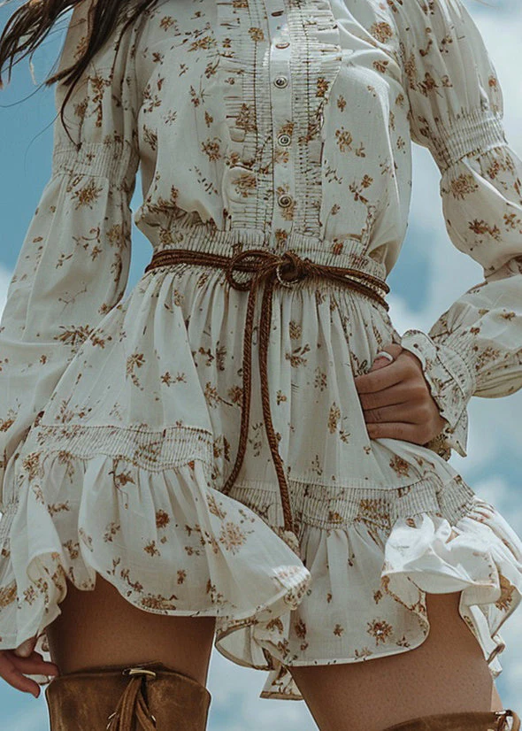 Women White Ruffled Print Patchwork Cotton Dress Long Sleeve - Image 4