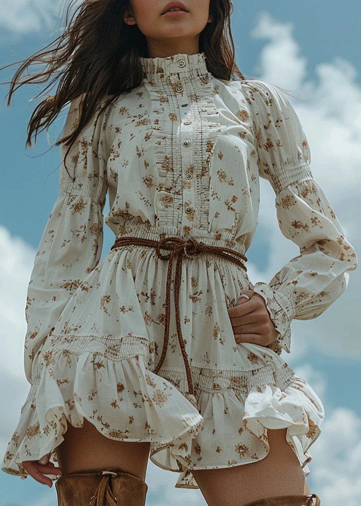 Women White Ruffled Print Patchwork Cotton Dress Long Sleeve - Image 5