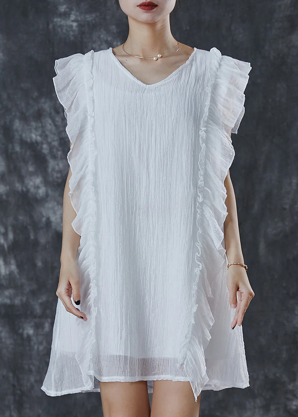 Women White Ruffles Patchwork Chiffon Work Dress Summer - Image 2
