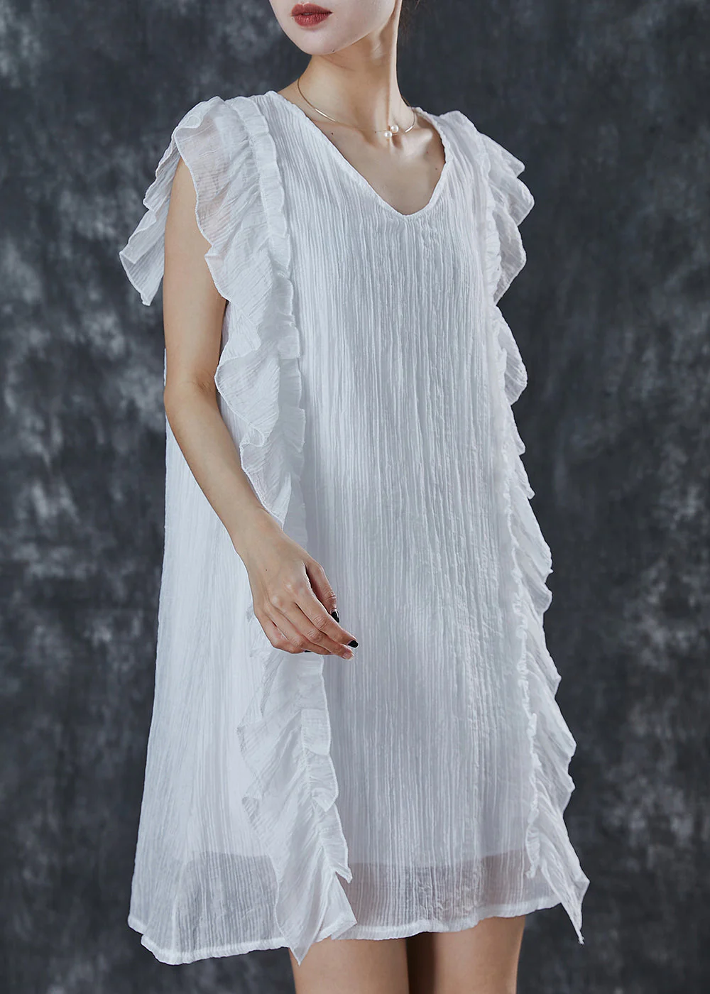Women White Ruffles Patchwork Chiffon Work Dress Summer - Image 3