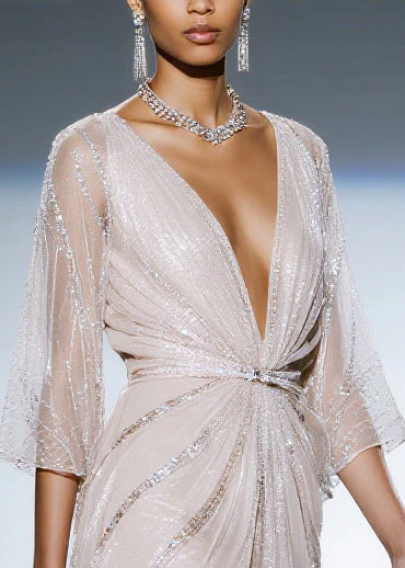 Women White Sequins Sheer Tulle Tea Dress Summer - Image 2