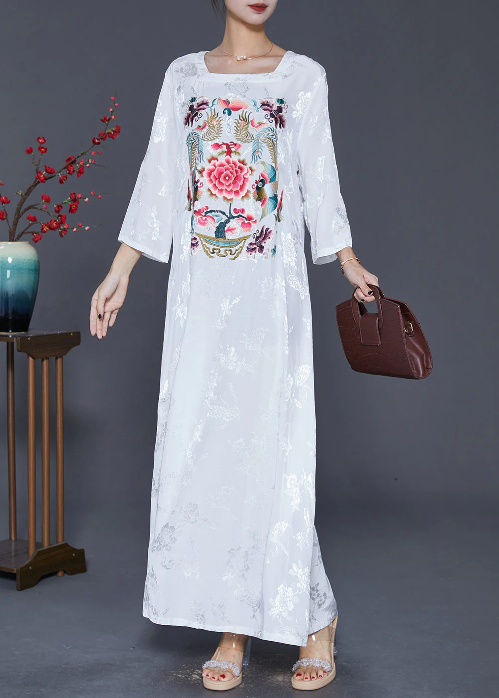 Women White Square Collar Embroideried Silk Ankle Dress Fall - Image 2