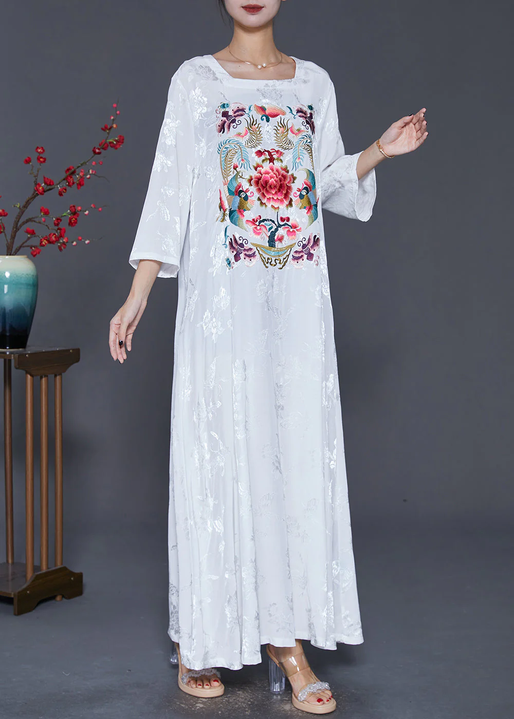 Women White Square Collar Embroideried Silk Ankle Dress Fall - Image 3