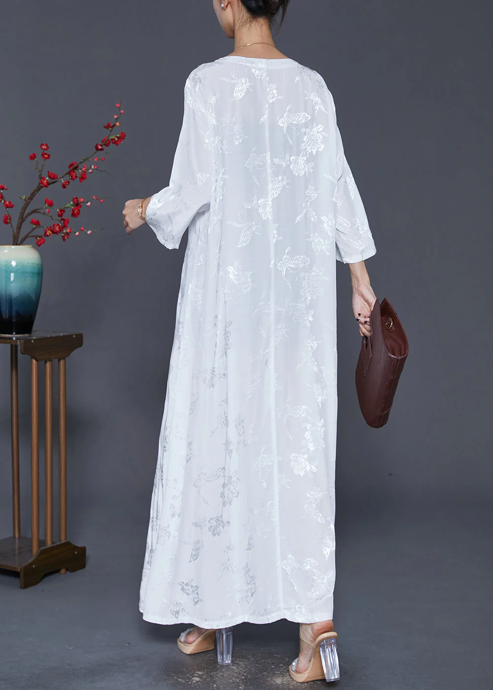 Women White Square Collar Embroideried Silk Ankle Dress Fall - Image 4