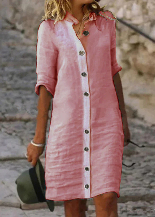 Women White Stand Collar Button Cotton Shirts Dresses Half Sleeve - Image 3