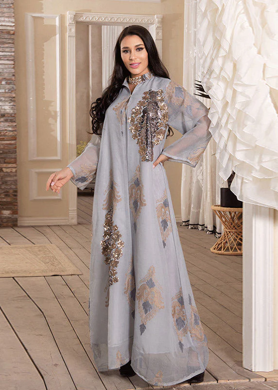 Women White Stand Collar Embroideried Sequins Tulle Maxi Dresses Long Sleeve - Image 3