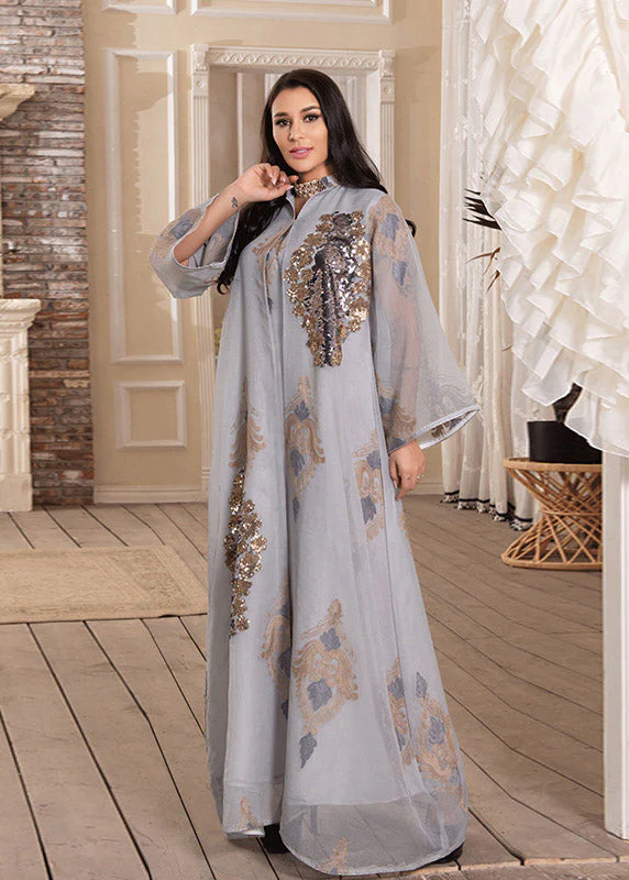Women White Stand Collar Embroideried Sequins Tulle Maxi Dresses Long Sleeve - Image 4