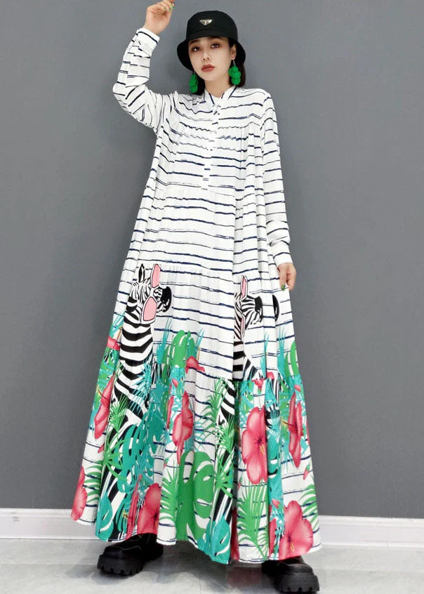Women White Stand Collar Striped Print Cotton Party Long Dress Long Sleeve