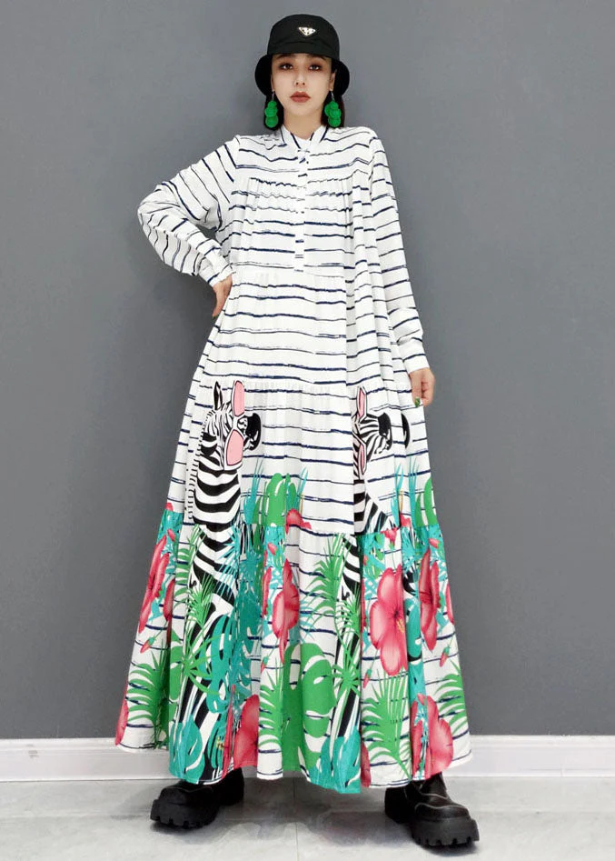 Women White Stand Collar Striped Print Cotton Party Long Dress Long Sleeve - Image 3