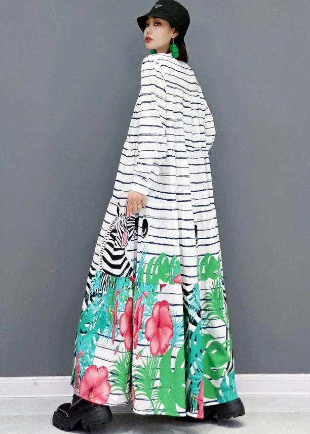 Women White Stand Collar Striped Print Cotton Party Long Dress Long Sleeve - Image 4