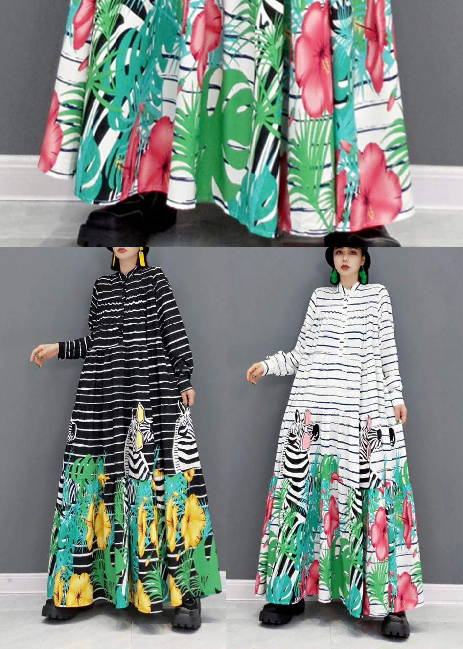 Women White Stand Collar Striped Print Cotton Party Long Dress Long Sleeve - Image 5