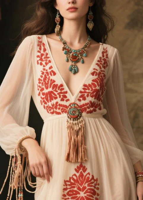 Women White Tasseled Print Chiffon Long Dress Fall - Image 2