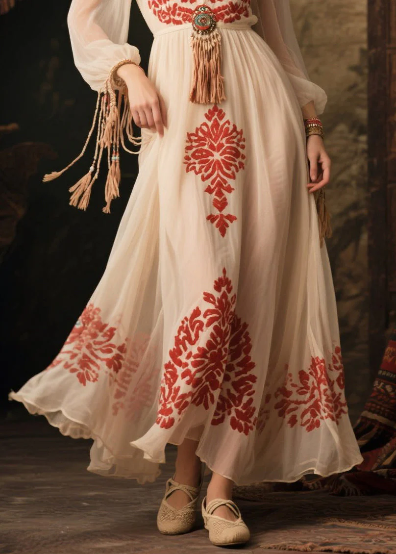 Women White Tasseled Print Chiffon Long Dress Fall - Image 4