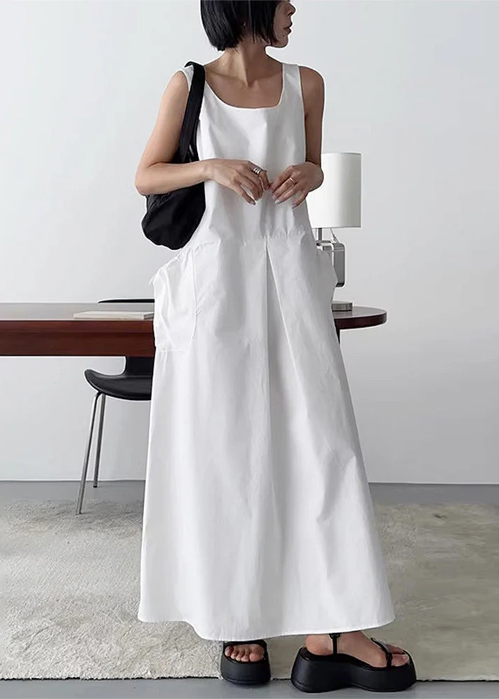 Women White U Neck Cotton Robe Dresses Sleeveless - Image 3