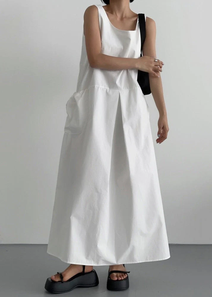 Women White U Neck Cotton Robe Dresses Sleeveless - Image 4