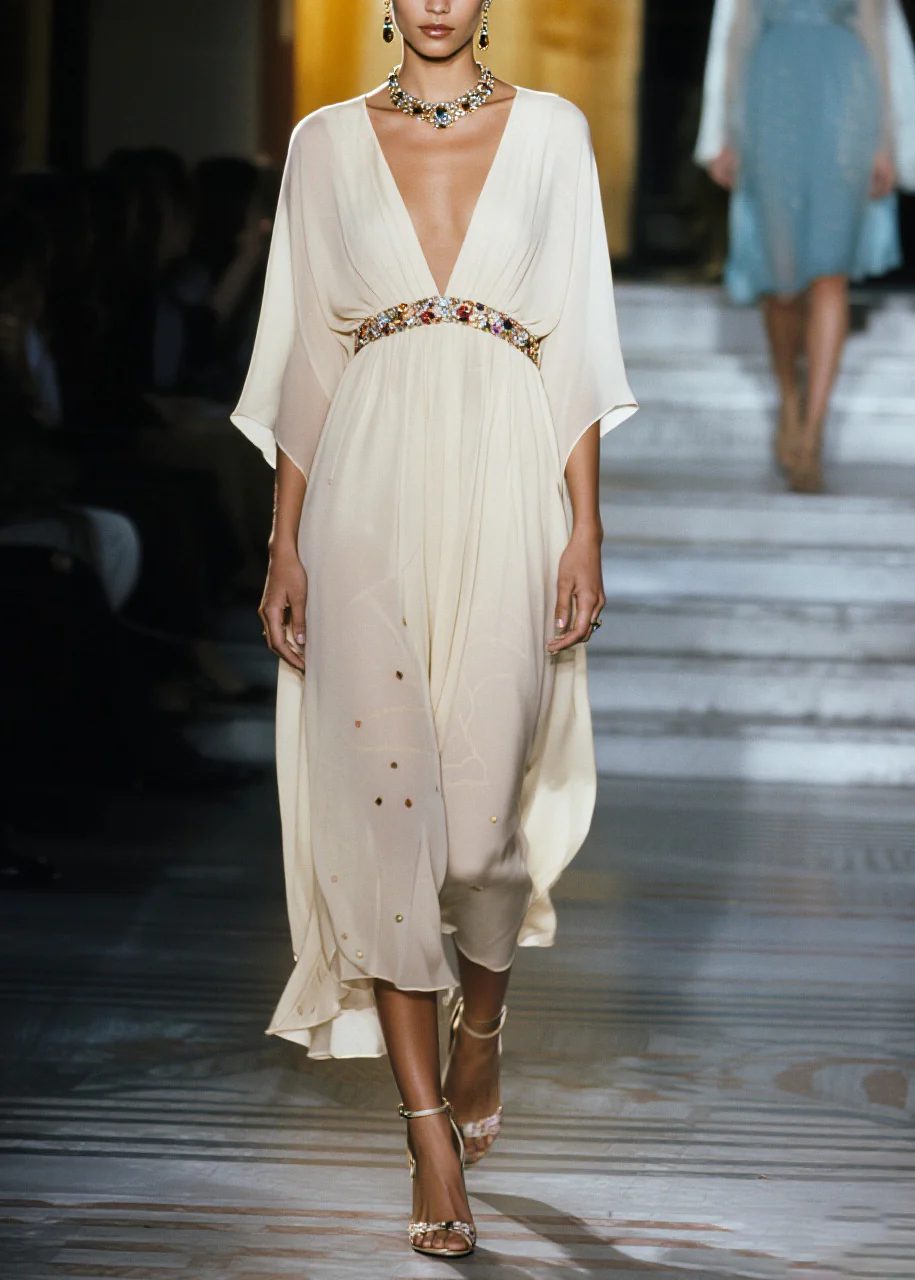 Women White V Neck Draping Chiffon Vacation Dresses Summer