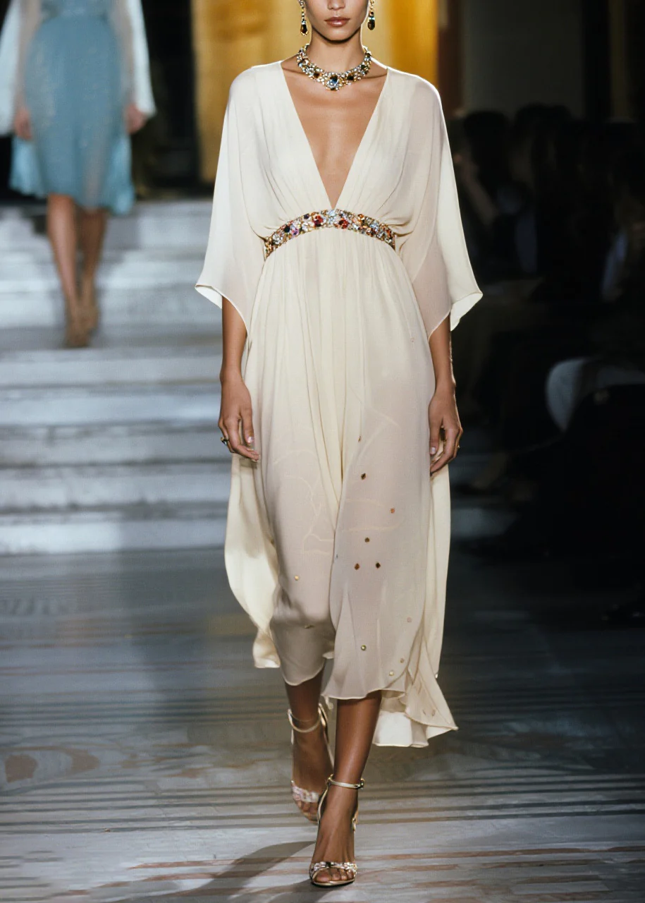 Women White V Neck Draping Chiffon Vacation Dresses Summer - Image 3