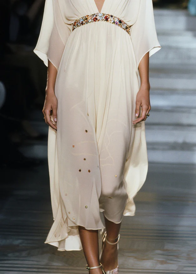 Women White V Neck Draping Chiffon Vacation Dresses Summer - Image 4