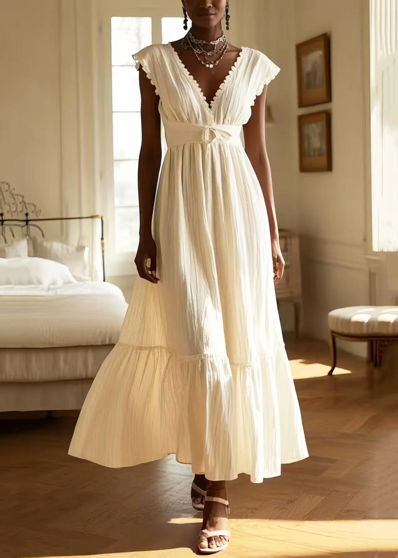 Women White V Neck Exra Large Hem Cotton Long Dress Sleeveless - Image 5
