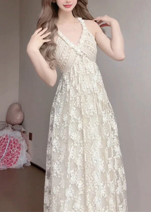 Women White V Neck Exra Large Hem Lace Spaghetti Strap Dress Summer - Image 2