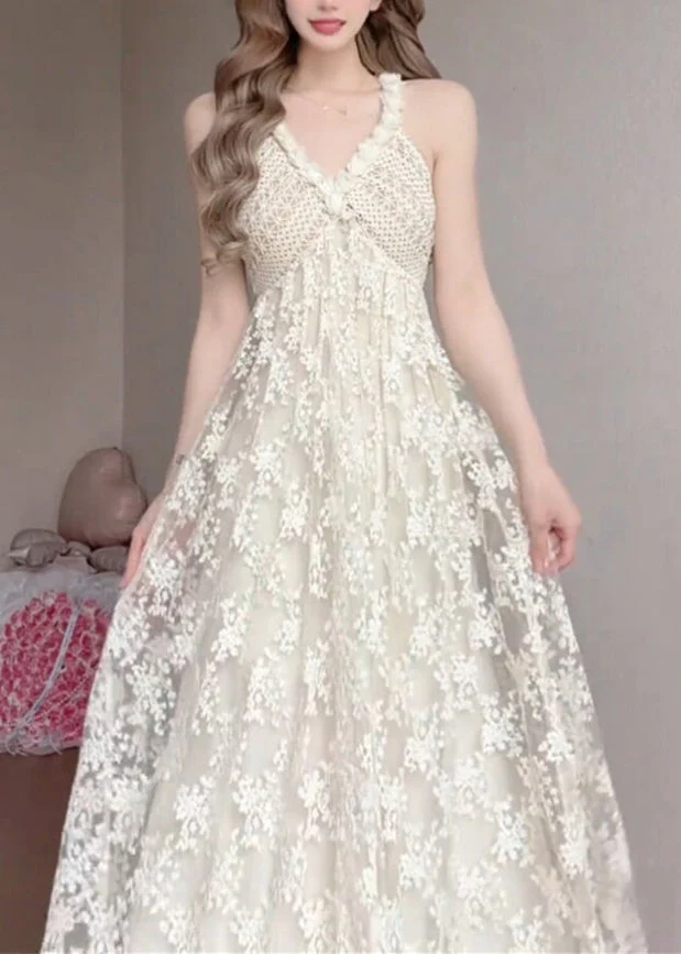 Women White V Neck Exra Large Hem Lace Spaghetti Strap Dress Summer - Image 3