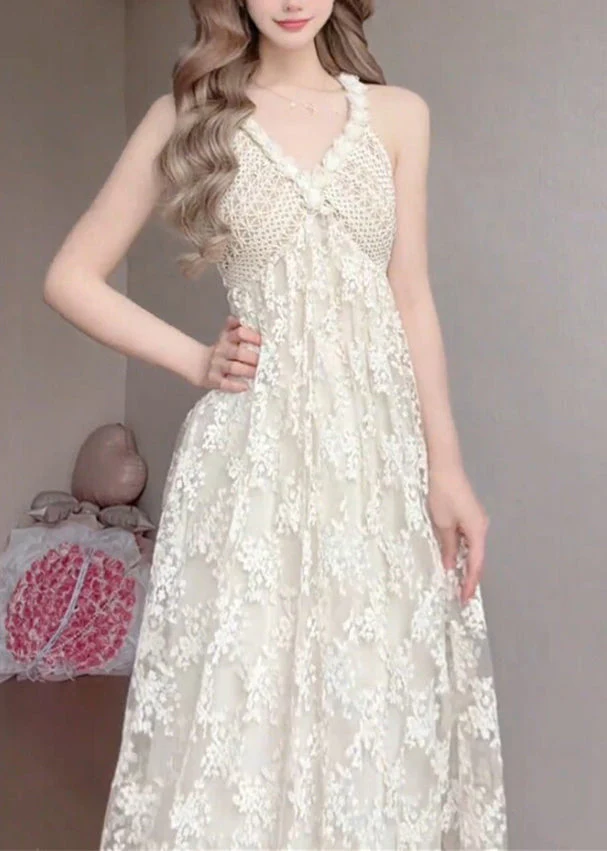 Women White V Neck Exra Large Hem Lace Spaghetti Strap Dress Summer - Image 4