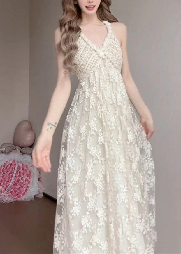 Women White V Neck Exra Large Hem Lace Spaghetti Strap Dress Summer - Image 5