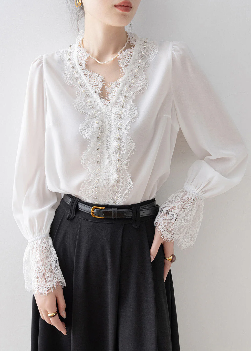 Women White V Neck Lace Patchwork Chiffon Top Spring - Image 3