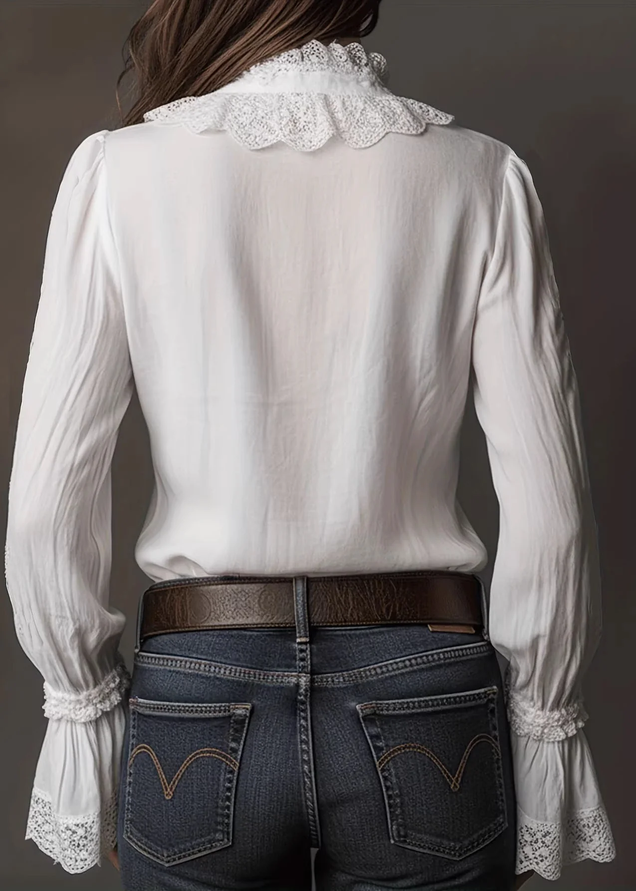 Women White V Neck Lace Patchwork Cotton Shirts Spring - Image 2