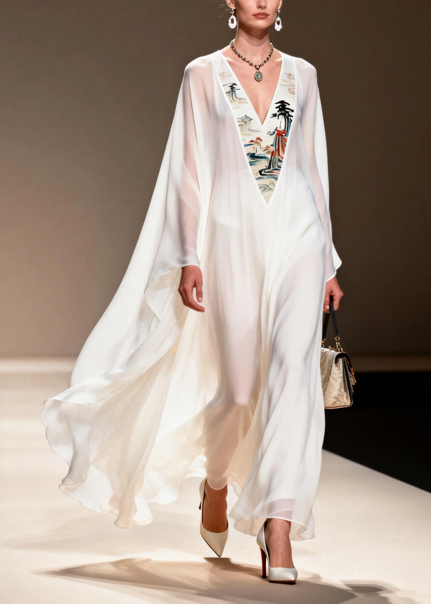 Women White V Neck Patchwork Chiffon Long Dresses Spring