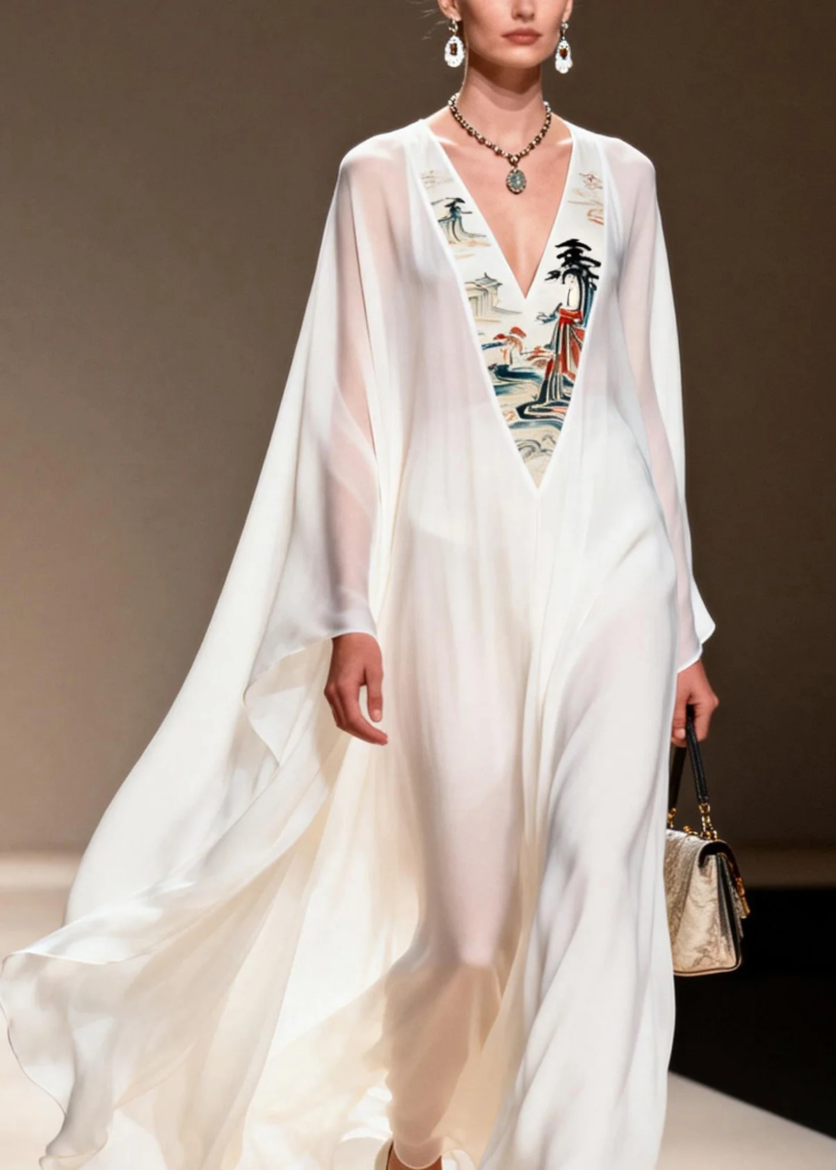 Women White V Neck Patchwork Chiffon Long Dresses Spring - Image 2
