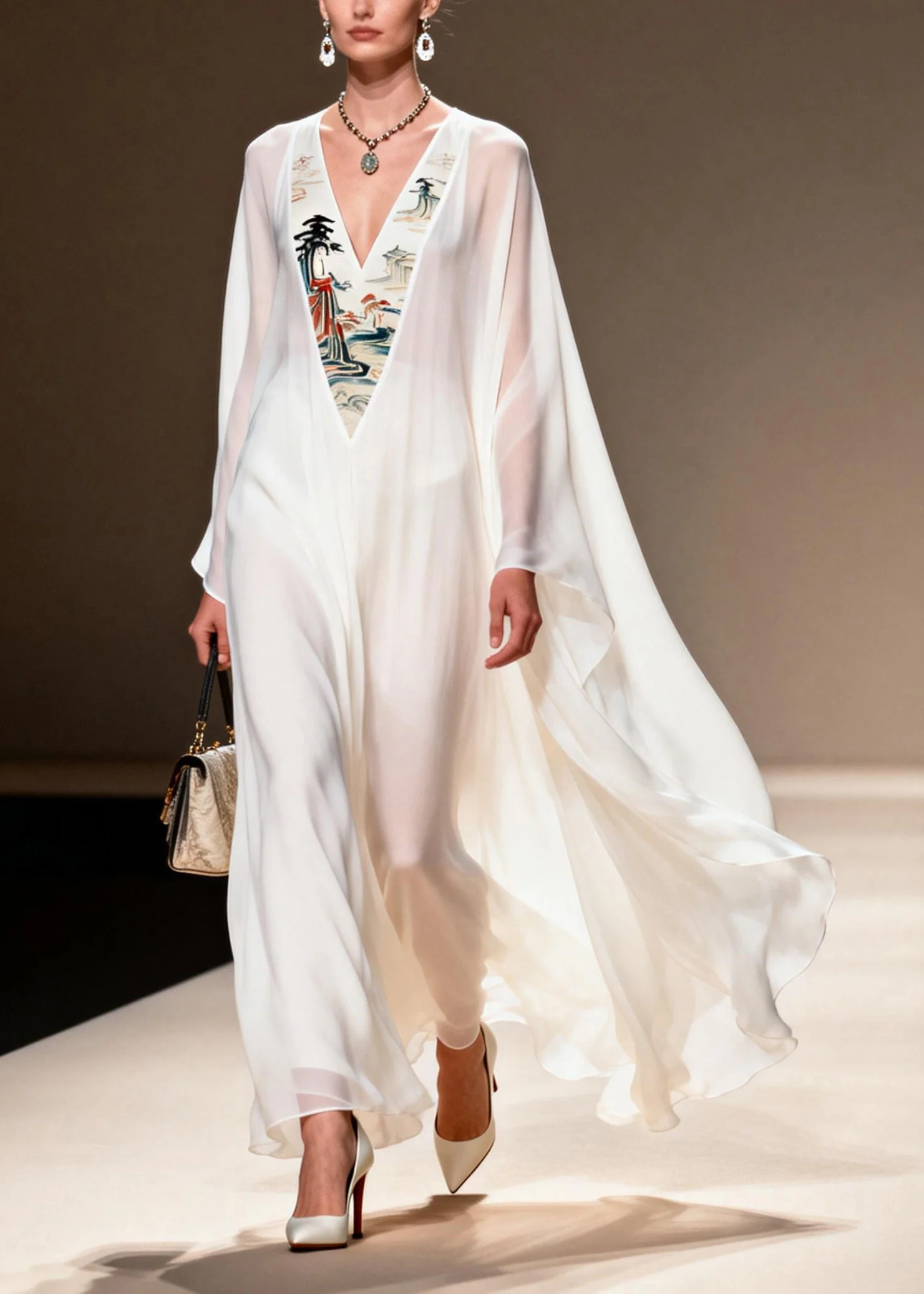Women White V Neck Patchwork Chiffon Long Dresses Spring - Image 3