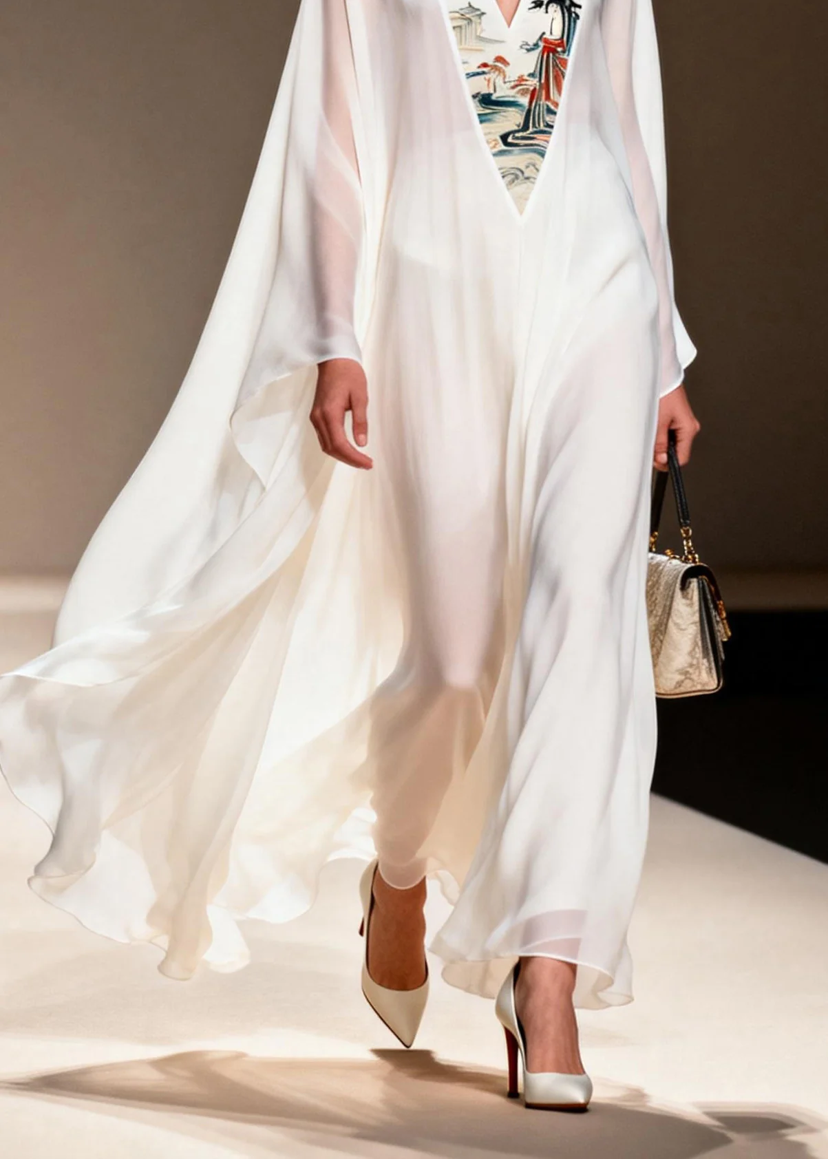 Women White V Neck Patchwork Chiffon Long Dresses Spring - Image 4