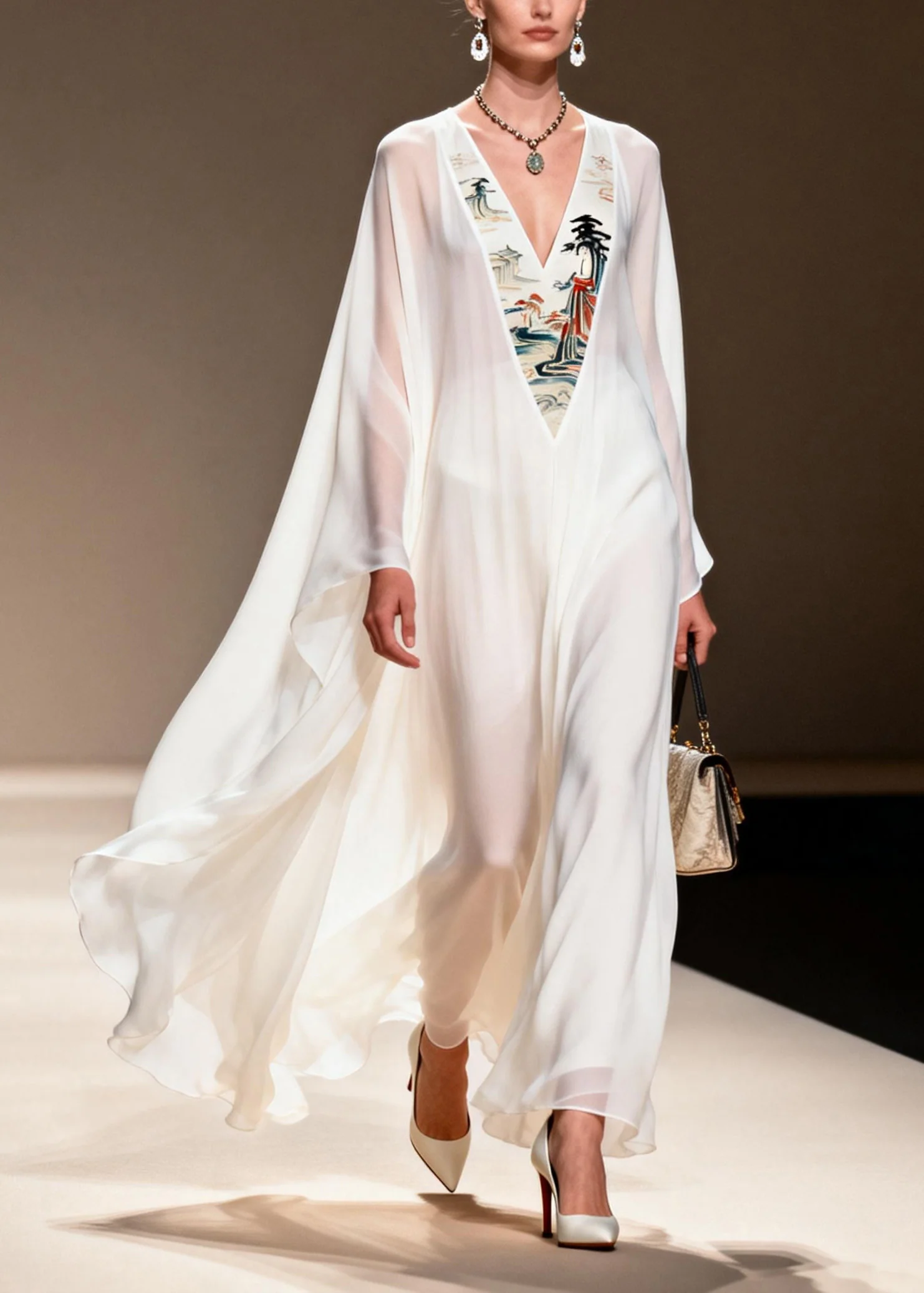 Women White V Neck Patchwork Chiffon Long Dresses Spring - Image 5