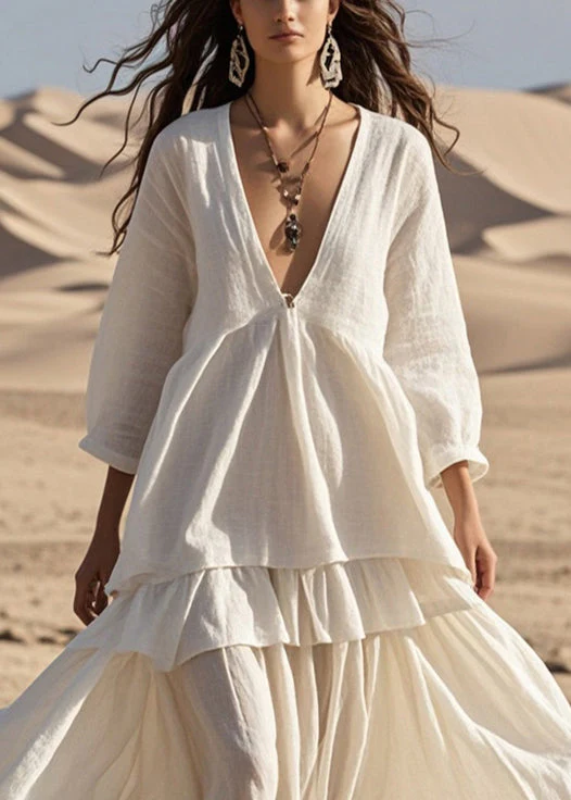 Women White V Neck Patchwork Cotton Ankle Dress Bracelet Sleeve - Image 2