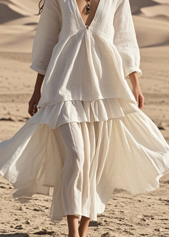 Women White V Neck Patchwork Cotton Ankle Dress Bracelet Sleeve - Image 4