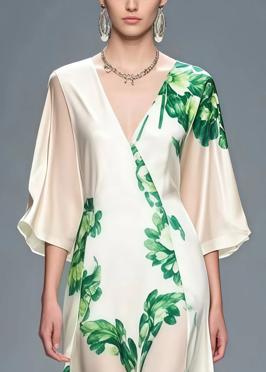 Women White V Neck Print Chiffon Dinner Dress Bracelet Sleeve - Image 2