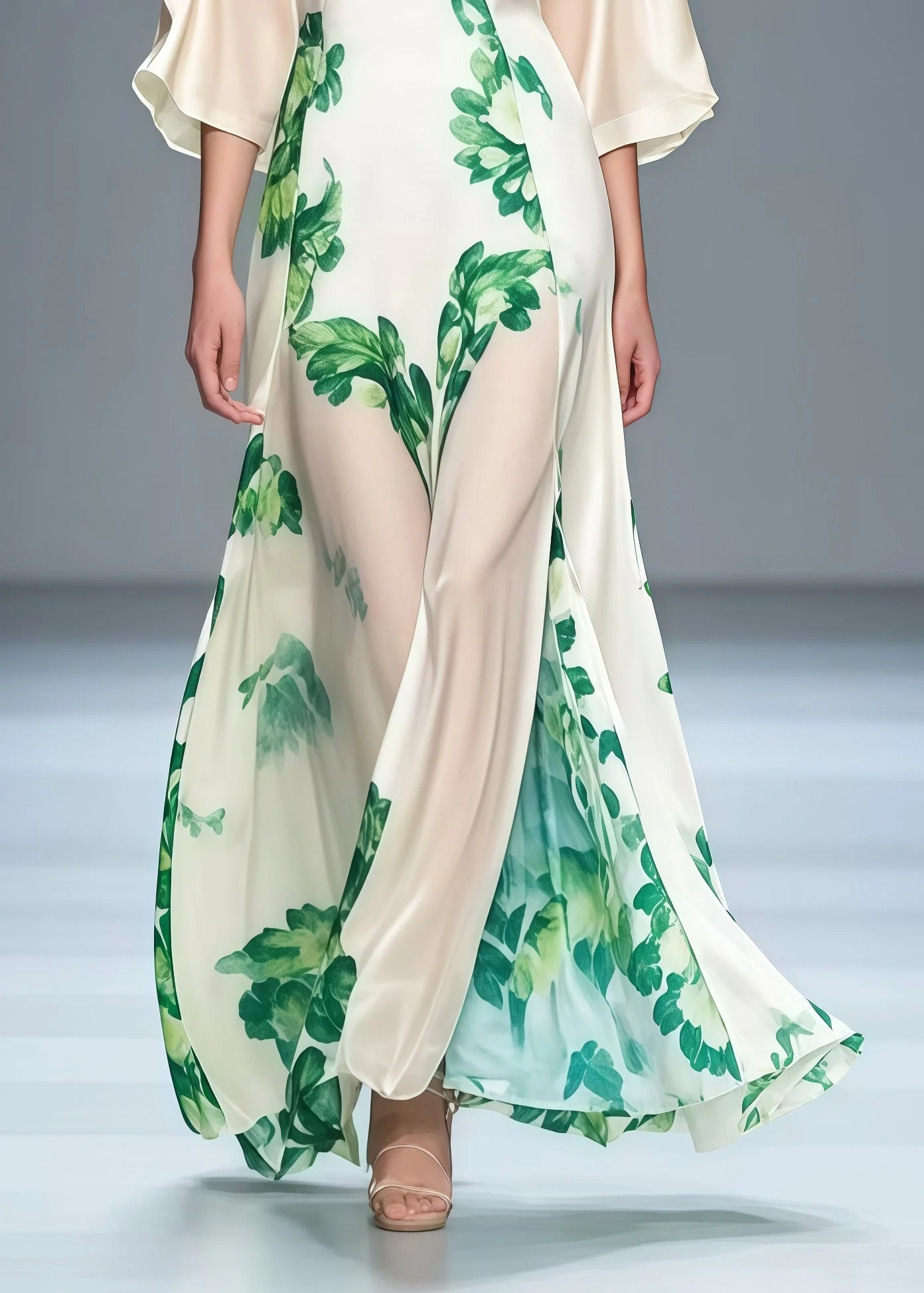 Women White V Neck Print Chiffon Dinner Dress Bracelet Sleeve - Image 4