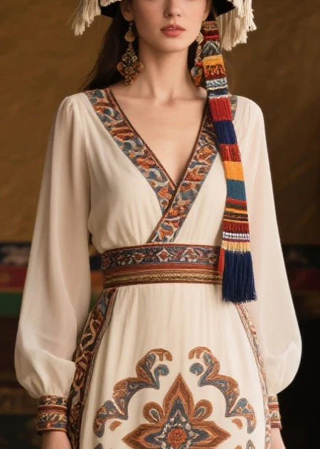 Women White V Neck Print Chiffon Tunic Dresses Fall - Image 2