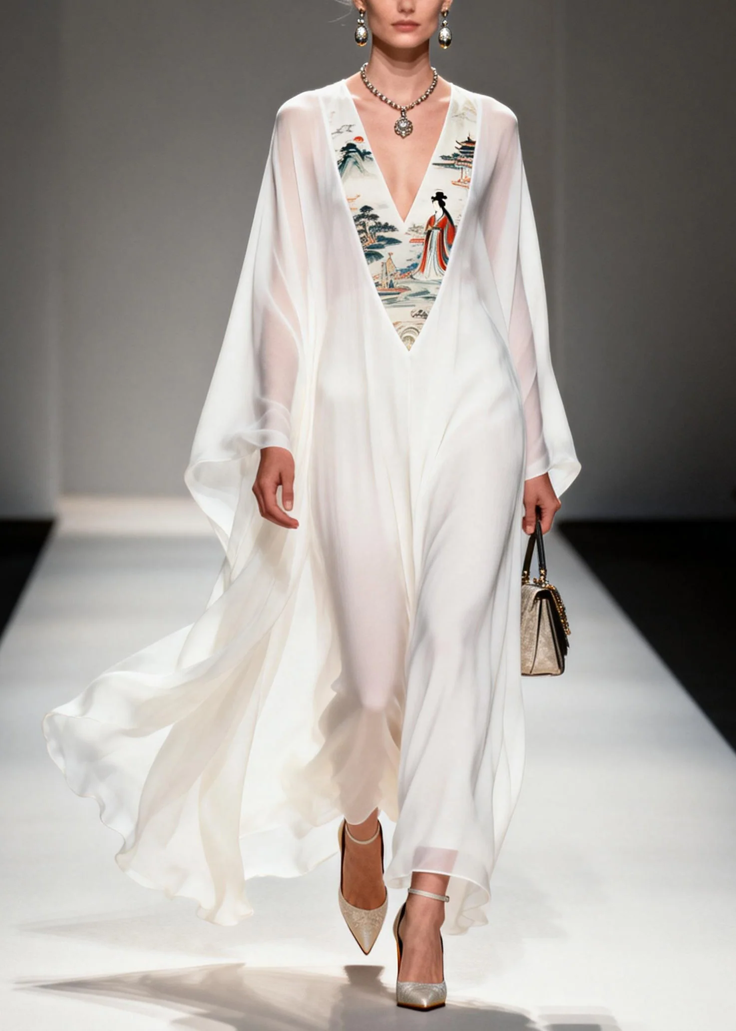Women White V Neck Print Patchwork Chiffon Dresses Spring