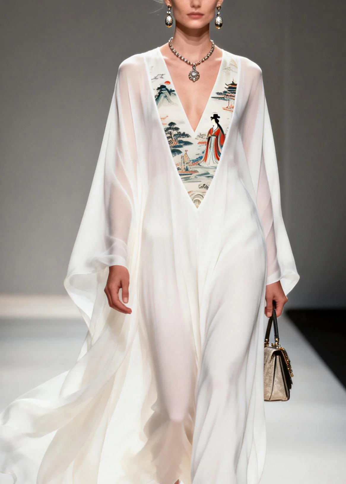 Women White V Neck Print Patchwork Chiffon Dresses Spring - Image 2
