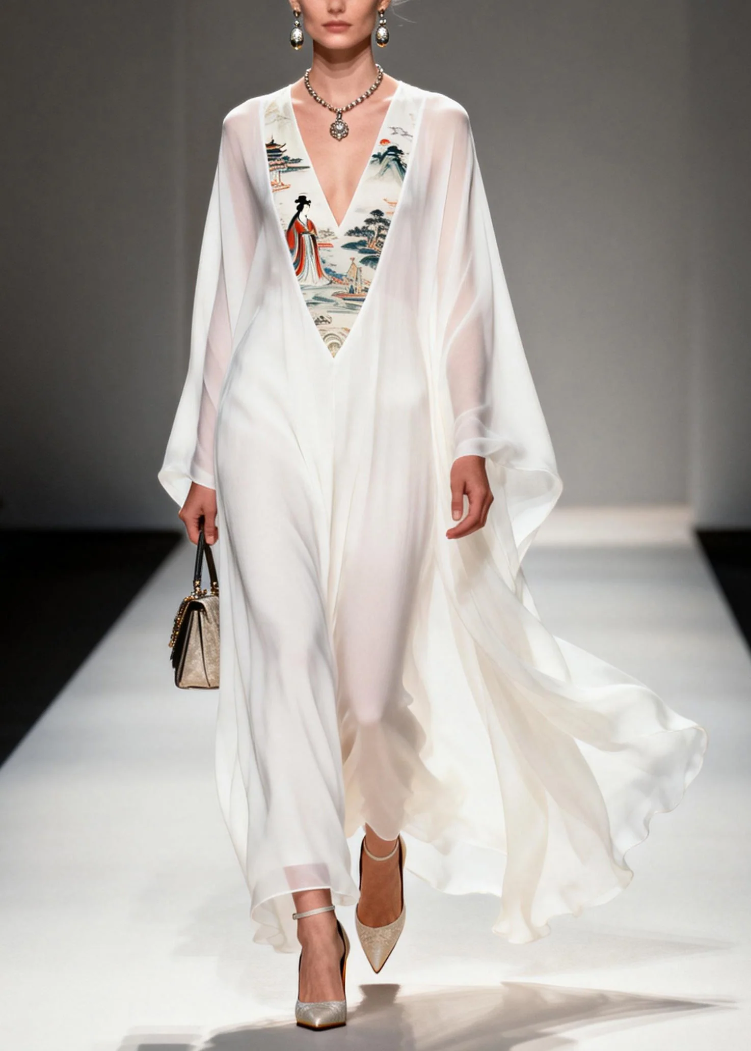 Women White V Neck Print Patchwork Chiffon Dresses Spring - Image 3