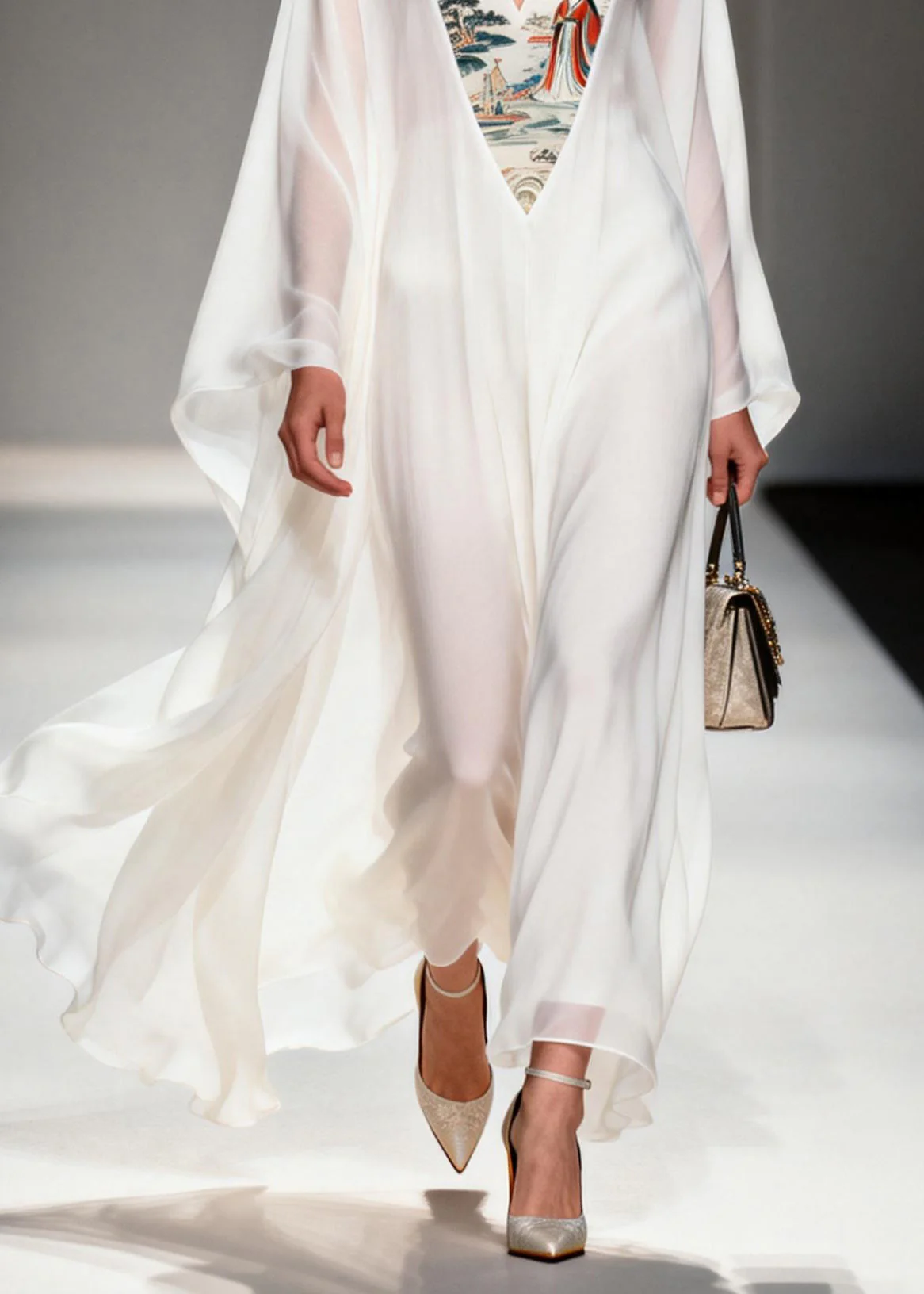 Women White V Neck Print Patchwork Chiffon Dresses Spring - Image 4
