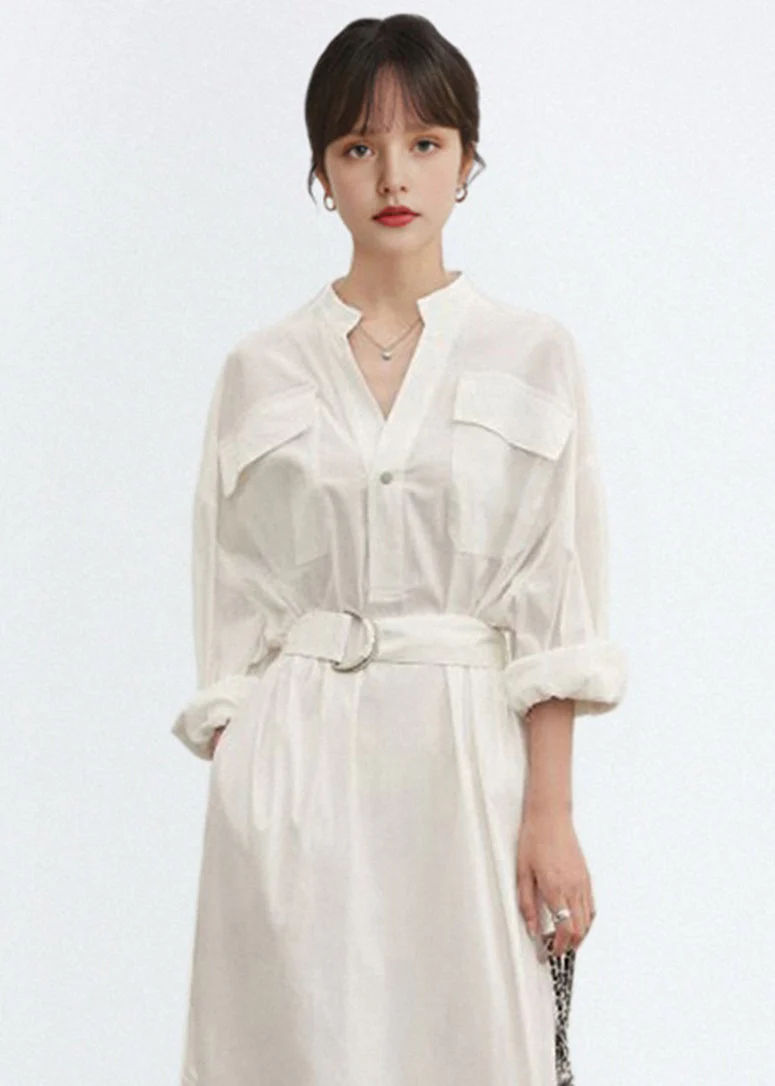 Women White V Neck Tie Waist Cotton Shirts Dress Fall - Image 5