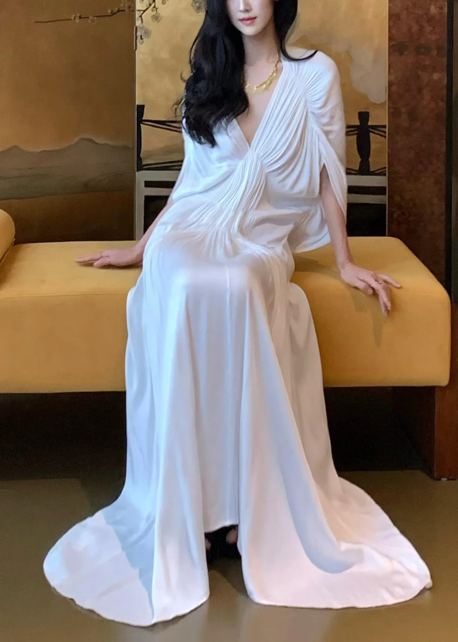 Women White V Neck Wrinkled Solid Dresses Batwing Sleeve - Image 3