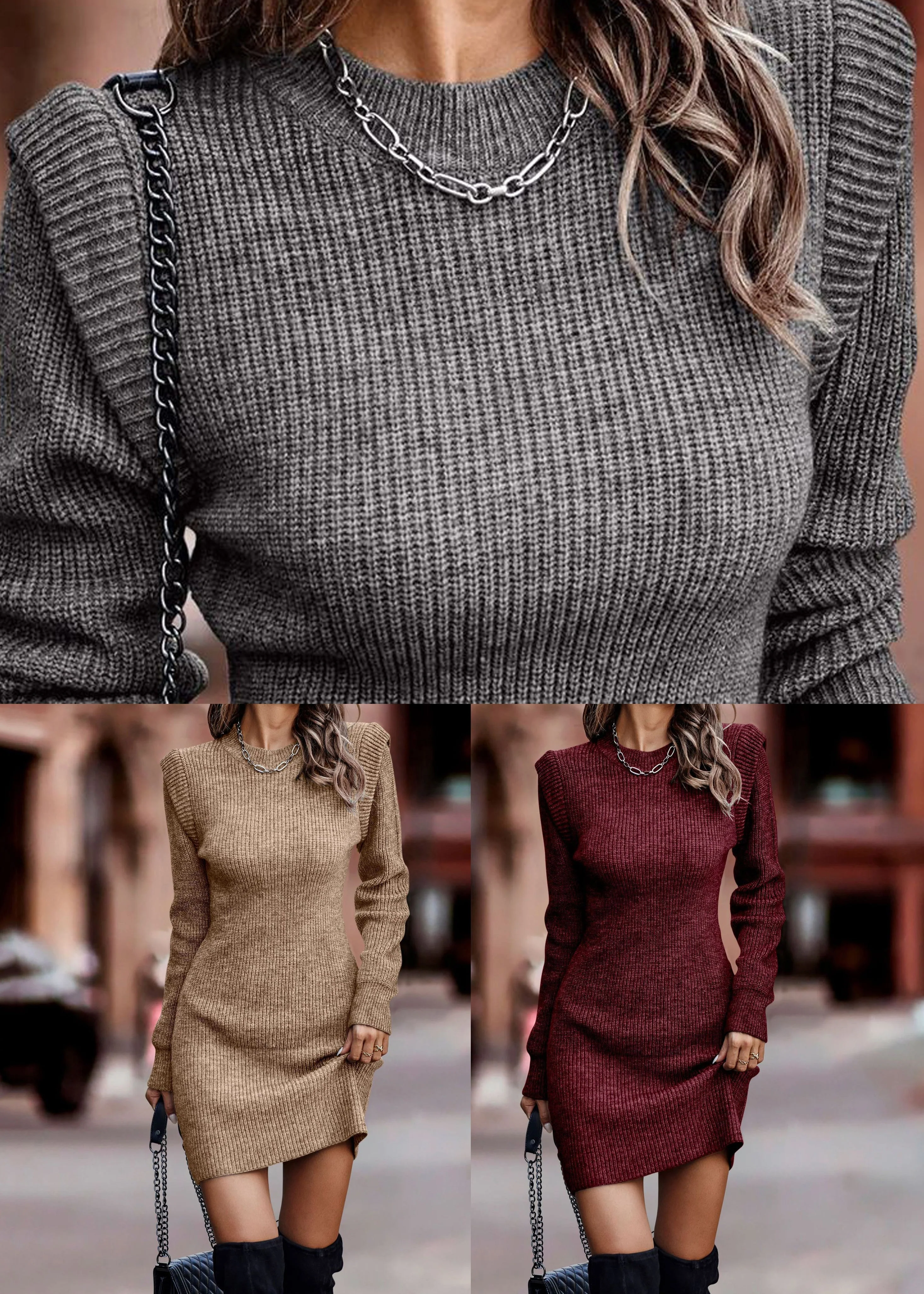 Women Wine Red Cozy High Waist Knit Dresses Fall - Image 5