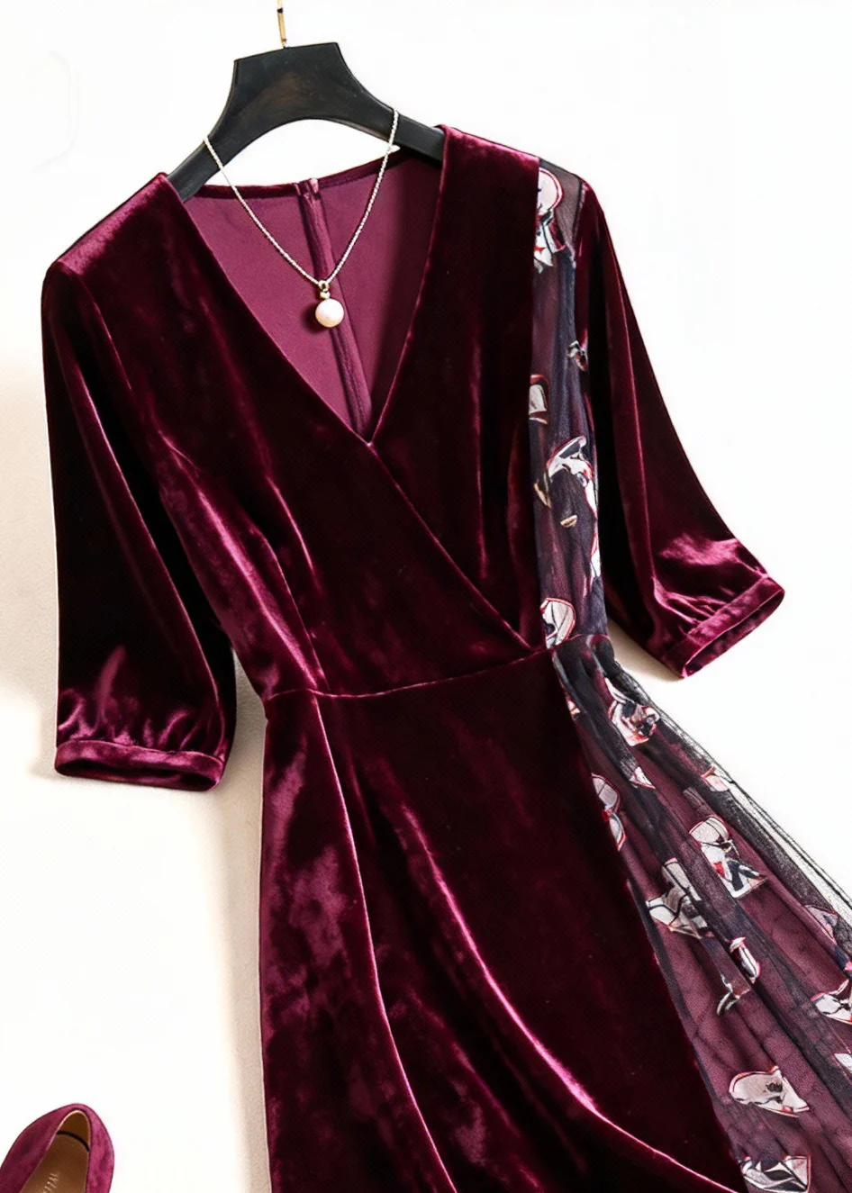 Women Wine Red Print Tulle Patchwork Silk Velvet Dress Summer - Image 2