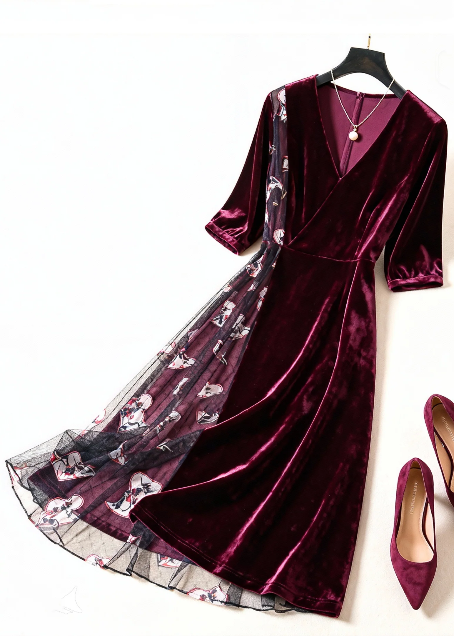 Women Wine Red Print Tulle Patchwork Silk Velvet Dress Summer - Image 3