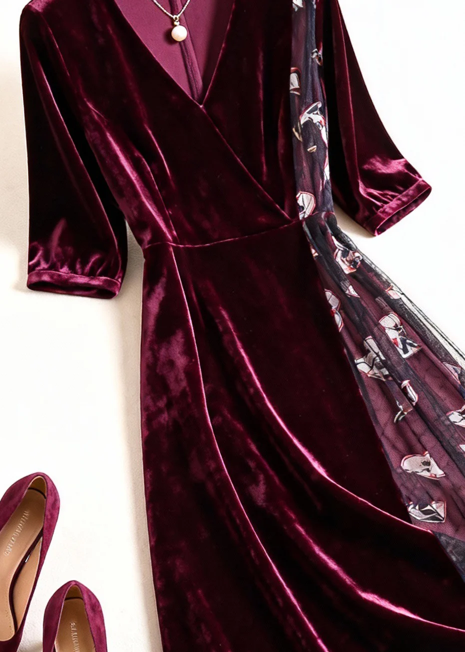 Women Wine Red Print Tulle Patchwork Silk Velvet Dress Summer - Image 4